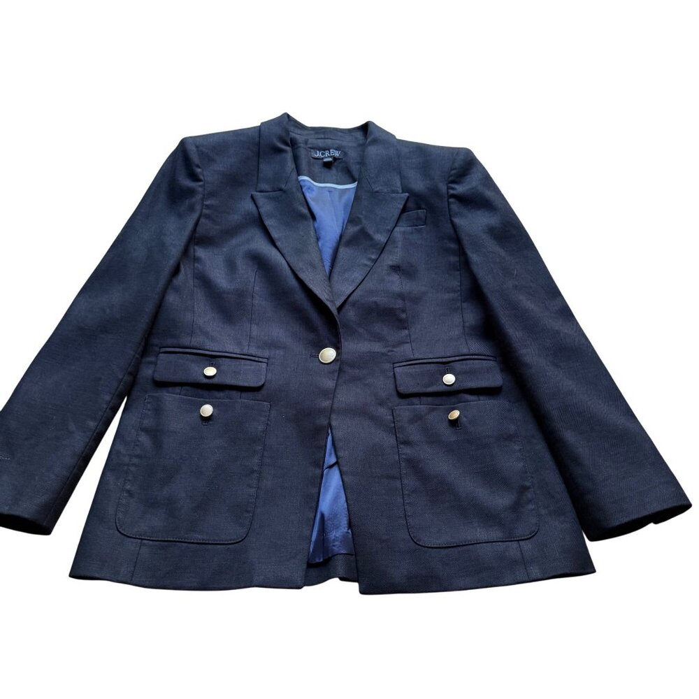 J.Crew Vivienne Navy Linen Blend Blazer 10P Petite Gold Button Tailored Jacket - Picture 2 of 16